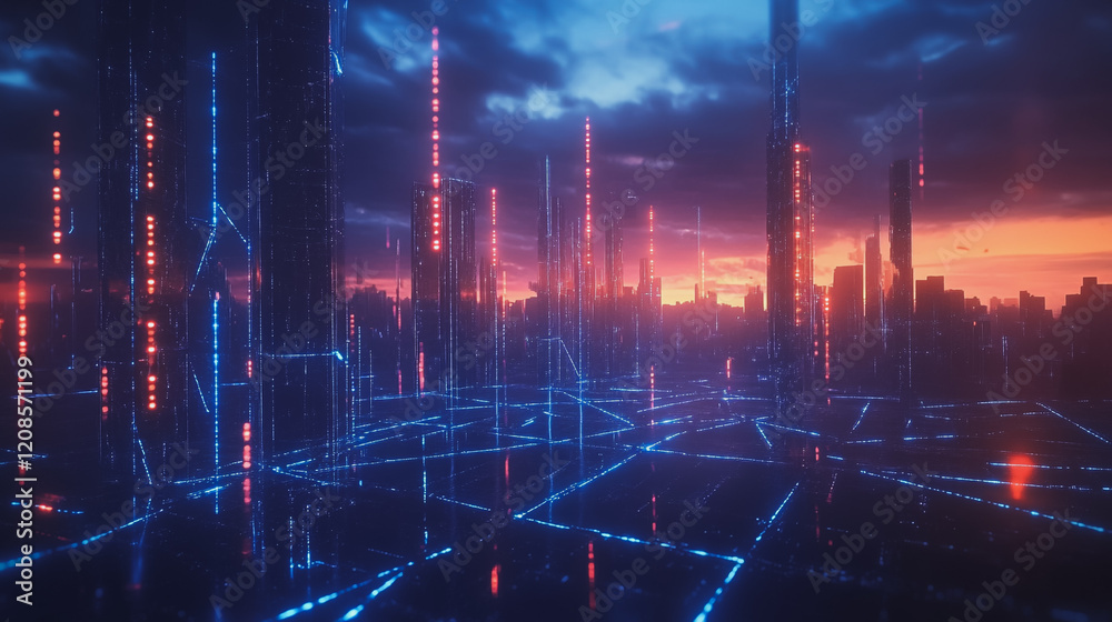 Fototapeta premium Smart digital Innovation city with connection network reciprocity over the cityscape. of future smart wireless digital city and social media networking systems that connects people with in city