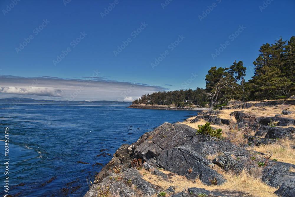 Shark Reef Sanctuary coastal ocean views Lopez Island, San Juan Islands summer 2024, Washington, United States.