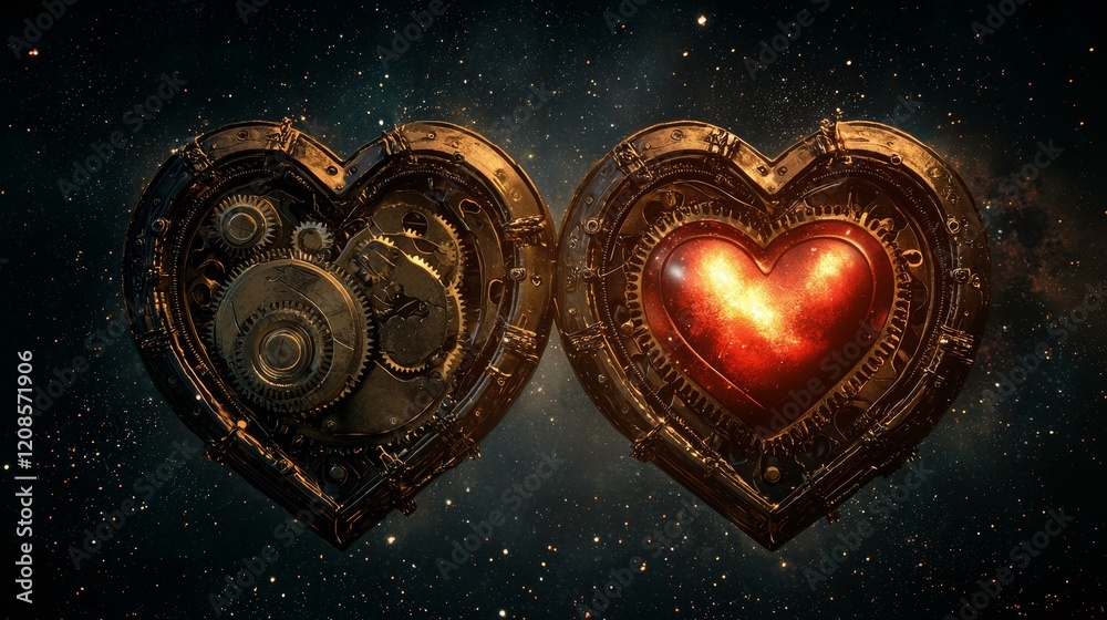 Two interlocking mechanical hearts with exposed gears, emitting a warm red and gold glow, set against a starry Valentine's night, Steampunk, Digital art Two interlocking mechanical hearts with exposed gears, emitting a warm red and gold glow, set against a starry Valentine's night, Steampunk, Digital art