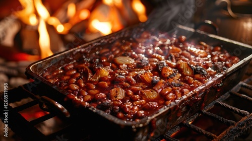 Smoky Baked Beans in Cast Iron Pan Over Campfire