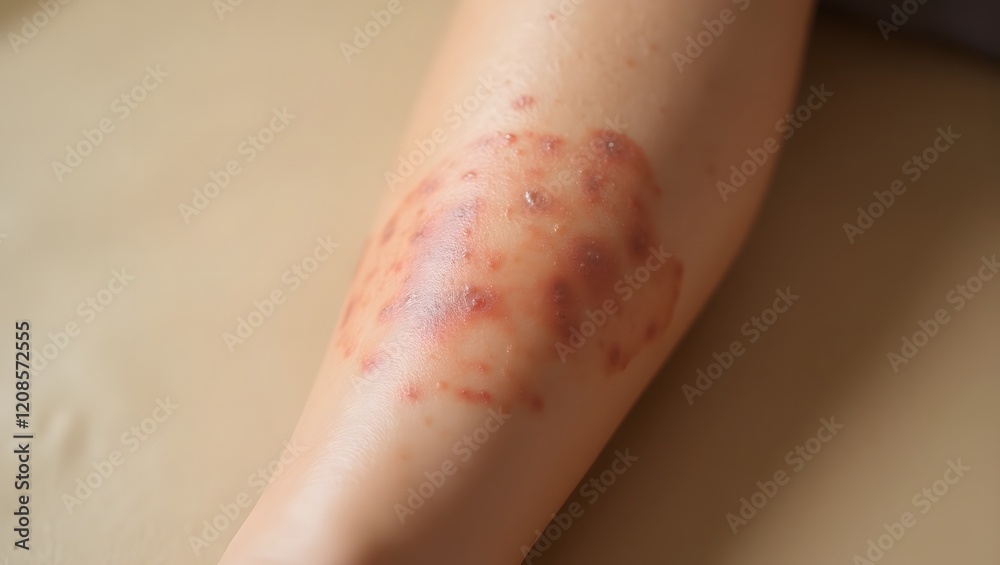Fototapeta premium Close up of a person's arm with a red skin rash showing inflammation - Awareness of skin conditions - Healthcare and medical publications