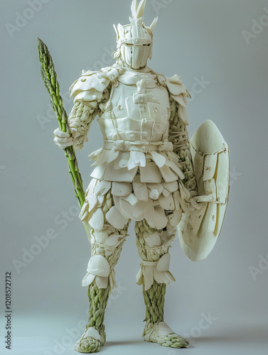 A full-body view of a warrior in armor made from asparagus, standing tall and proud. Concept: The Order of the Fiber Knights: Guardians of Health and Vitality.  photo