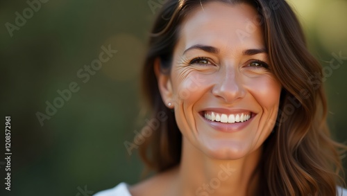 A close up portrait of a smiling mature Latina woman, radiating positivity and warmth, suitable for health, wellness, and beauty campaigns.
