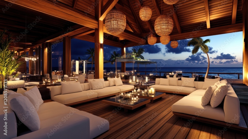 Fototapeta premium Luxurious Beachfront Lounge Overlooking Ocean Sunset