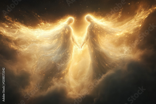 Two luminous spirits surrounded by swirling flames, symbolizing eternal love amidst the stars