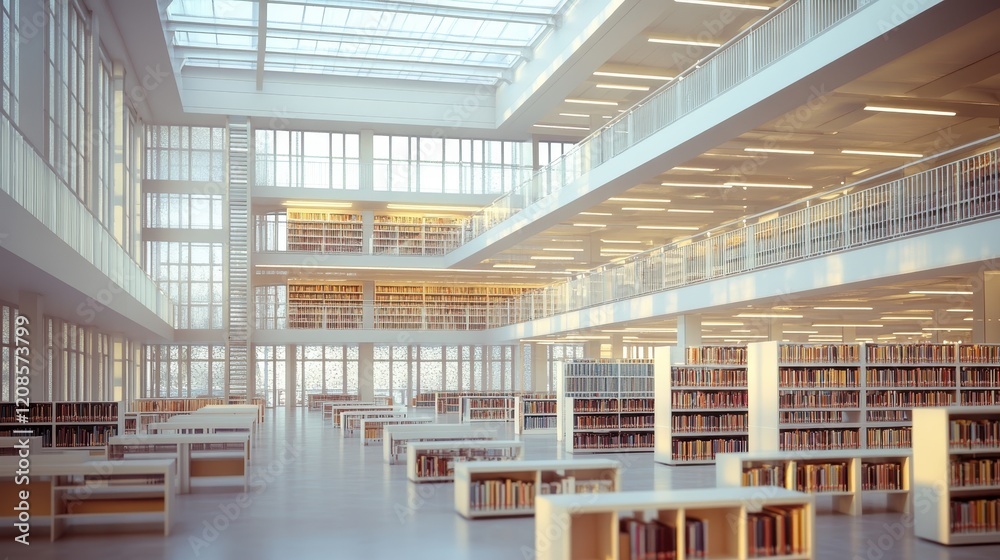 Modern Library Interior With Bookshelves And Natural Light Modern Library Interior With Bookshelves And Natural Light