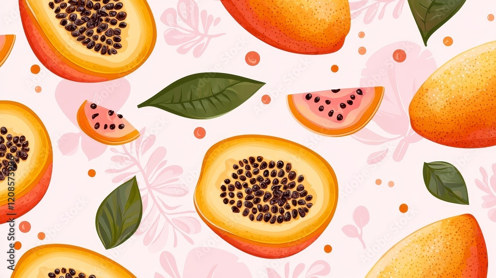 Naklejka premium Retro-inspired papaya fruits pattern with bold outlines, bright vintage hues, and whimsical tropical shapes, perfect for fun-themed designs
