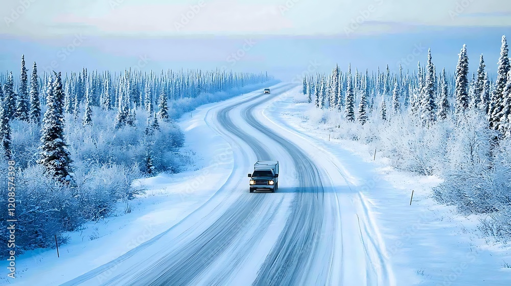 Truck driving snowy Alaskan highway, winter travel Truck driving snowy Alaskan highway, winter travel