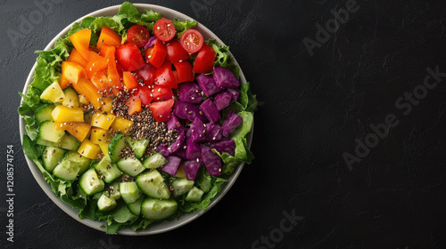 vibrant rainbow salad with fresh vegetables including cucumbers, tomatoes, bell peppers, and purple cabbage dark background