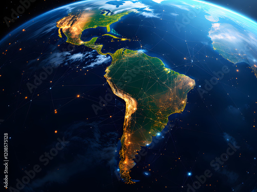 A stunning view of Earth from space, highlighting South America with city lights glowing against the dark cosmos. photo