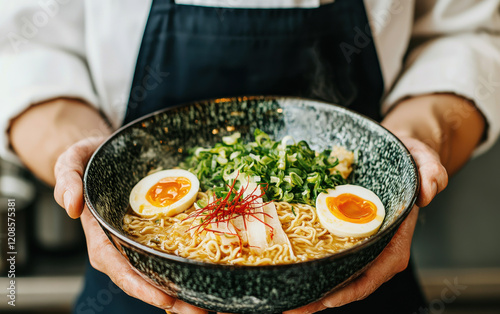 chef holding bowl of steaming ramen with soft boiled eggs, green onions, and red chili garnish