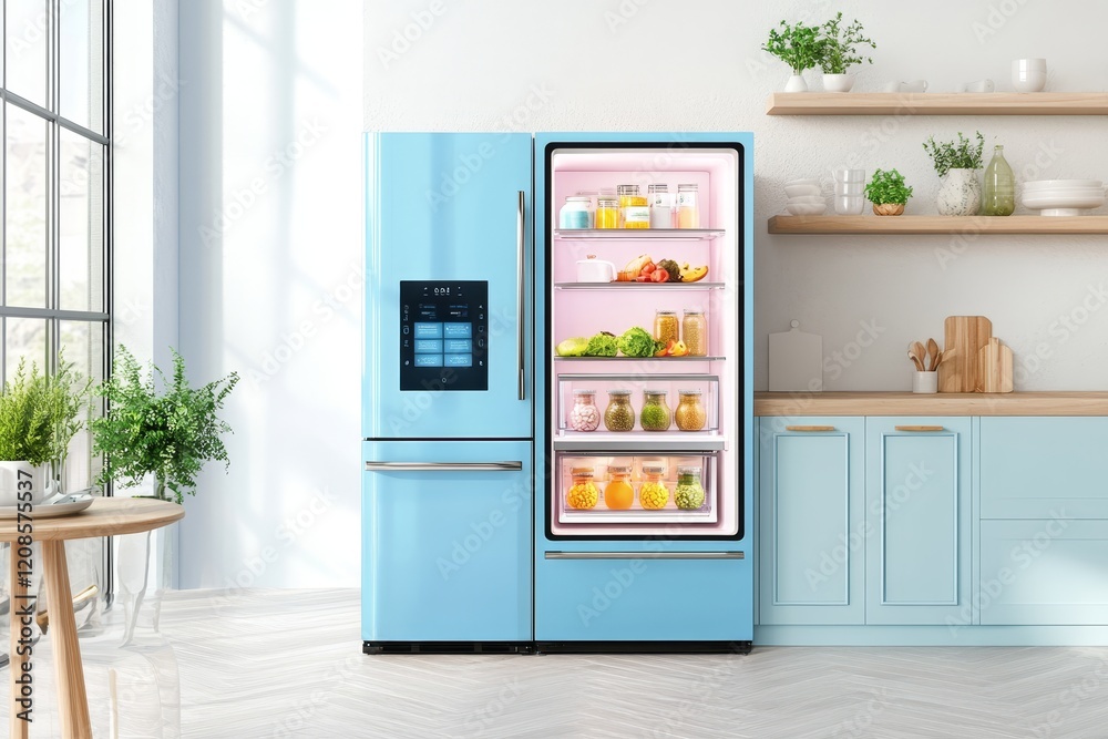 In a contemporary kitchen, there is a fridge equipped with a large display to facilitate internet shopping. Stock In a contemporary kitchen, there is a fridge equipped with a large display to facilitate internet shopping. Stock