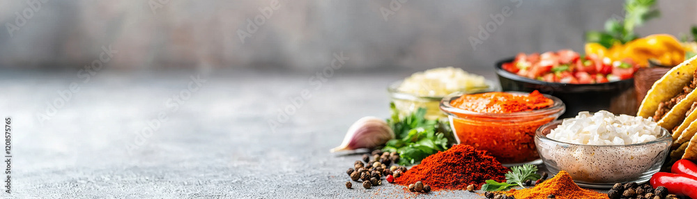 vibrant display of taco ingredients, including spices, salsa, and fresh vegetables, arranged on textured surface