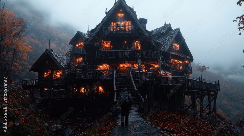 Obraz premium Mysterious mountain lodge, autumn fog, hiker approaching, fantasy setting, ideal for fantasy novel cover