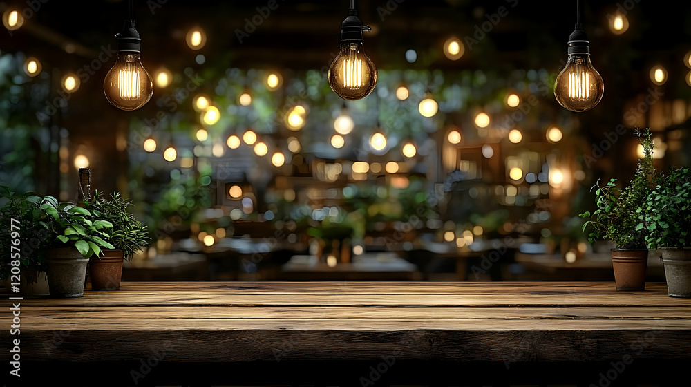 Rustic Wooden Table in a Cozy Restaurant Setting with Warm Lighting and Greenery Rustic Wooden Table in a Cozy Restaurant Setting with Warm Lighting and Greenery