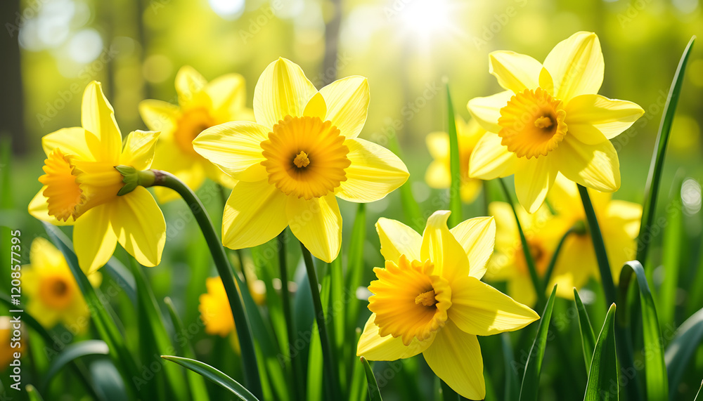 Obraz premium Yellow daffodils blooming in a sunlit green meadow