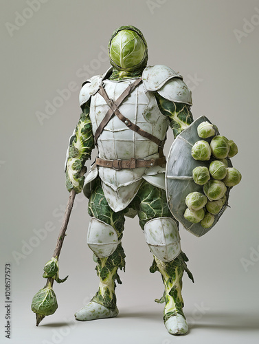 A full-body view of a warrior in armor made from Brussel sprouts, standing tall and proud. Concept: The Order of the Fiber Knights: Guardians of Health and Vitality photo