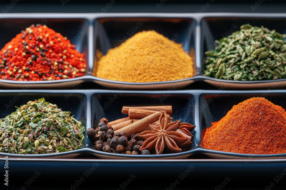 vibrant display of spices and herbs in black square dishes, showcasing their rich colors and textures vibrant display of spices and herbs in black square dishes, showcasing their rich colors and textures