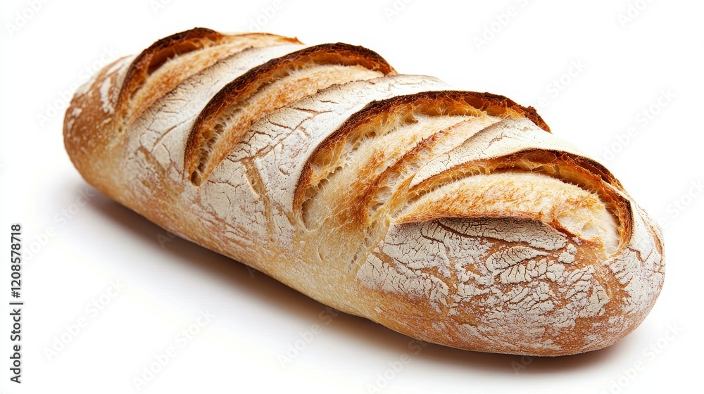 Full-length image of a classic French baguette with intricate scoring, isolated on a stark white background, ideal for food-related designs Full-length image of a classic French baguette with intricate scoring, isolated on a stark white background, ideal for food-related designs