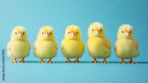 Colorful easter display with small decorative chickens on a blue background