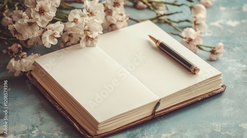 Blank wedding guestbook with calligraphy pen. Blank open pages
