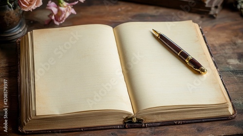 Blank wedding guestbook with calligraphy pen. Blank open pages