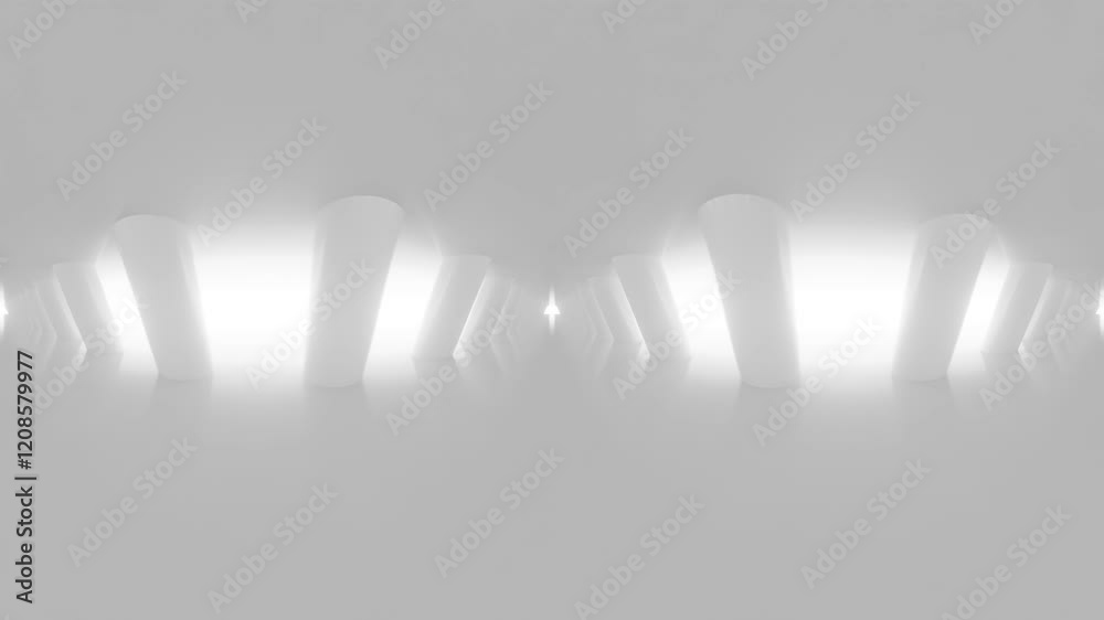 360 VR panorama looping video of a Minimalist White Hallway with Bright Light 3d render looping animation