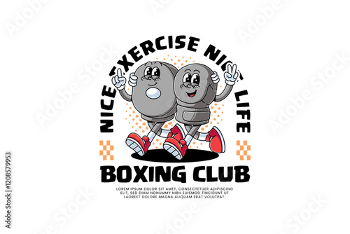 boxing glove and punching mitt retro cartoon character mascot illustration with walking pose and showing index finger up and peace hand for boxing training fighter sport club mascots and merchandise