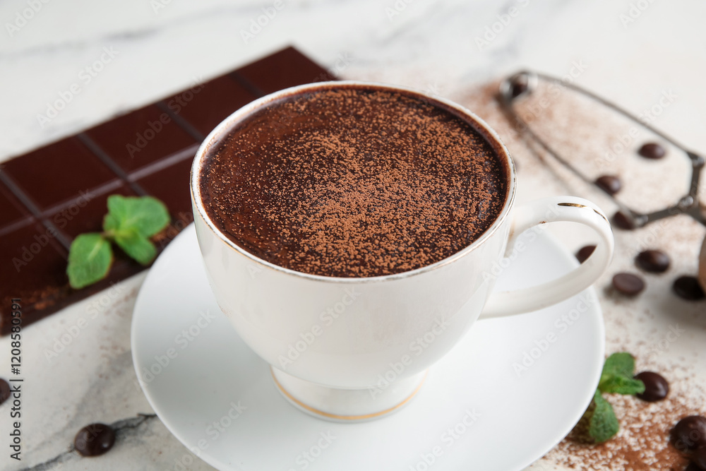 Cup of hot chocolate with cocoa powder on light background Cup of hot chocolate with cocoa powder on light background