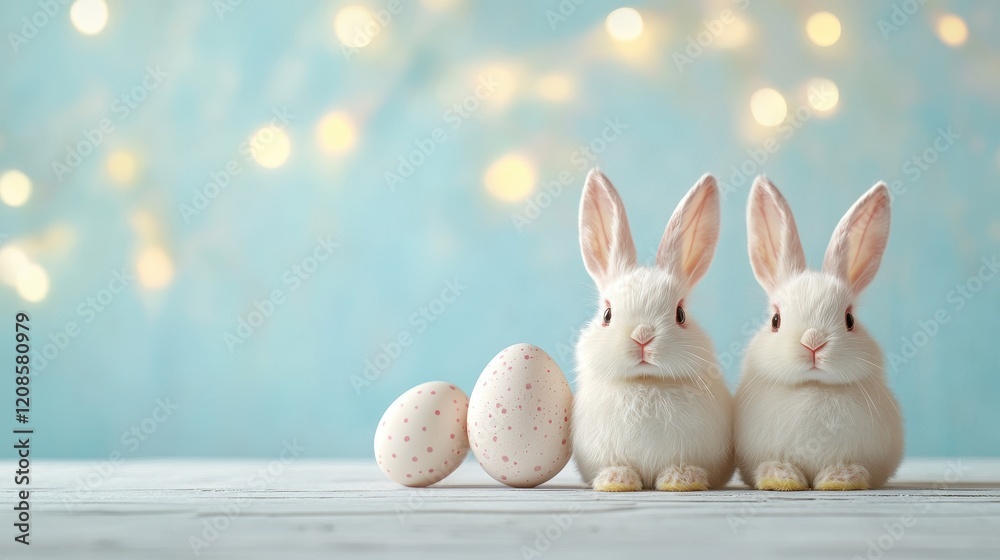 Obraz premium Easter decoration with eggs and cute bunny figurines on white wooden table