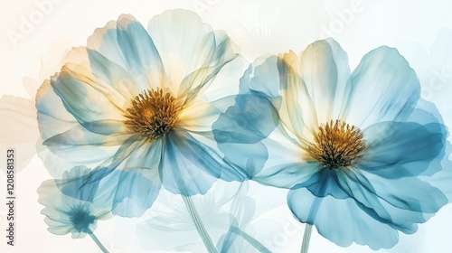 Delicate blue and yellow translucent flowers with soft petals and blurred background