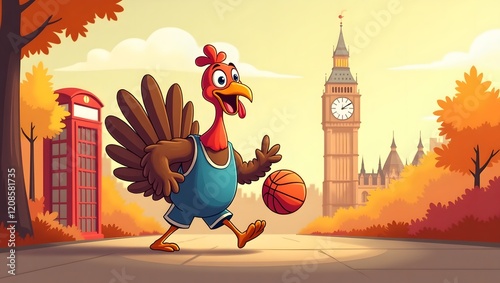 Joyful cartoon turkey dribbling a basketball in London, showing zest for life, ideal for children's content, sports promotions, Thanksgiving season, social media posts photo