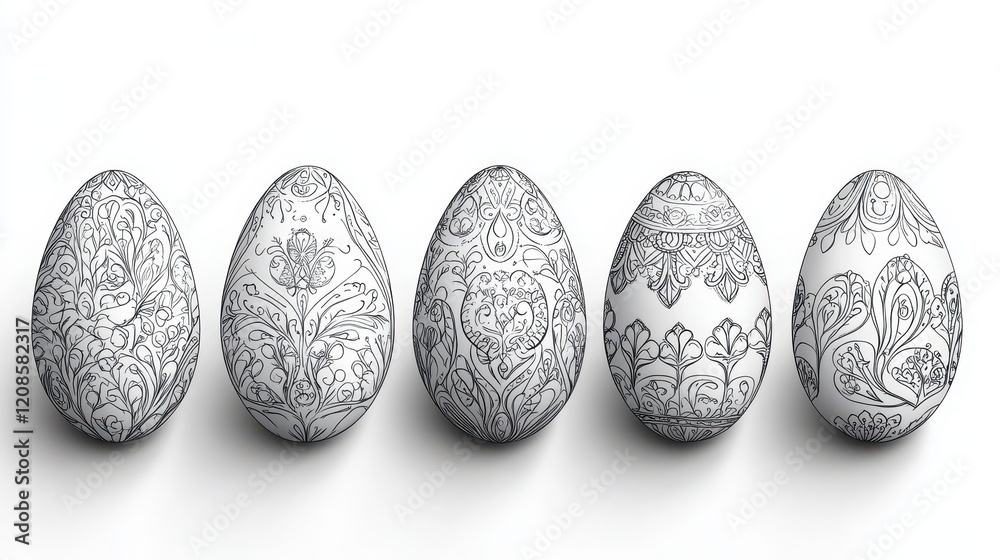 Intricate easter eggs with detailed line art for spring holiday celebration Intricate easter eggs with detailed line art for spring holiday celebration