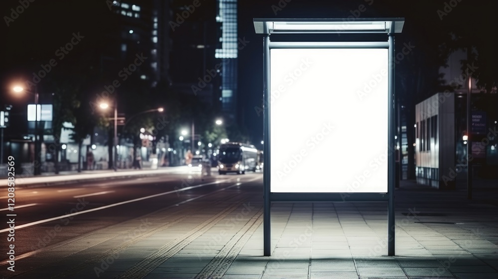 A blank vertical billboard illuminated at night on a city street. A blank vertical billboard illuminated at night on a city street.