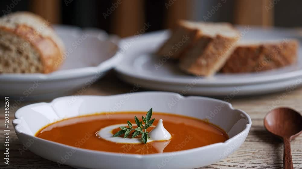 Warm pumpkin soup garnished with cream and herbs, served with sliced bread and a wooden spoon on a rustic table Warm pumpkin soup garnished with cream and herbs, served with sliced bread and a wooden spoon on a rustic table