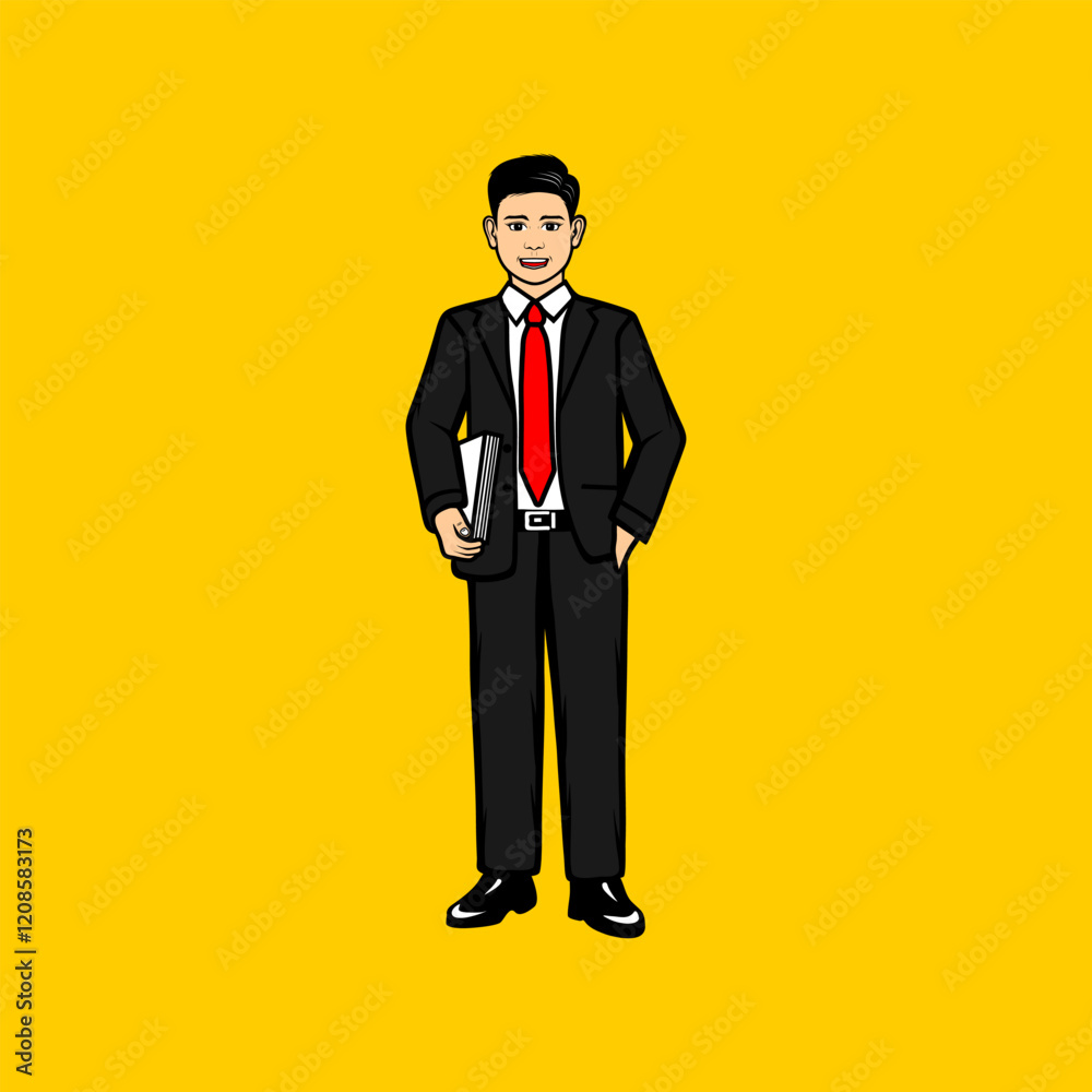 Obraz premium business man standing smiling with a document in his right hand cartoon vector illustration