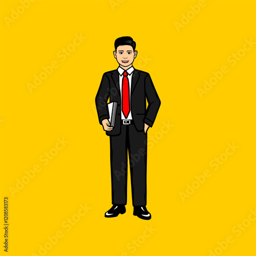 business man standing smiling with a document in his right hand cartoon vector illustration