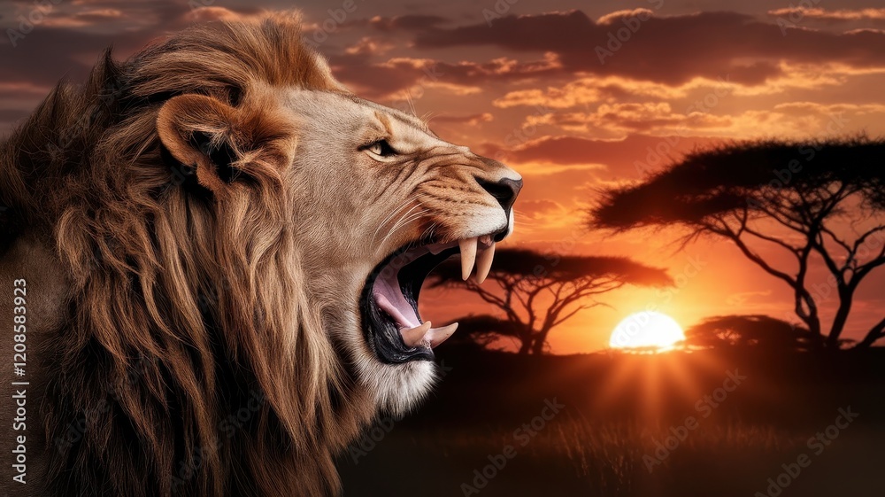 Fototapeta premium A majestic lion roars against a stunning sunset, showcasing its powerful mane and sharp teeth, symbolizing strength and grace in the wild.