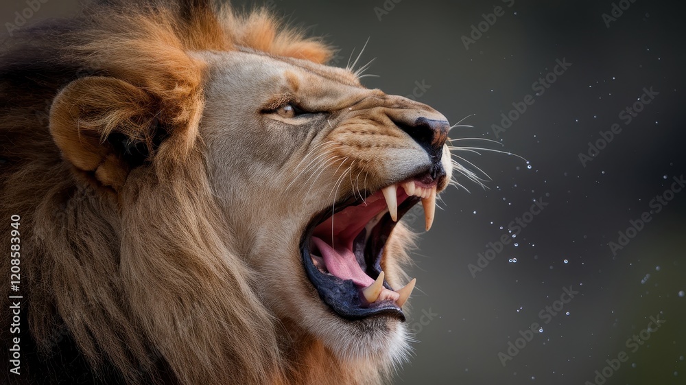 Naklejka premium A majestic male lion roaring, showcasing its powerful jaws and stunning mane. The fierce expression highlights the raw beauty of wildlife.