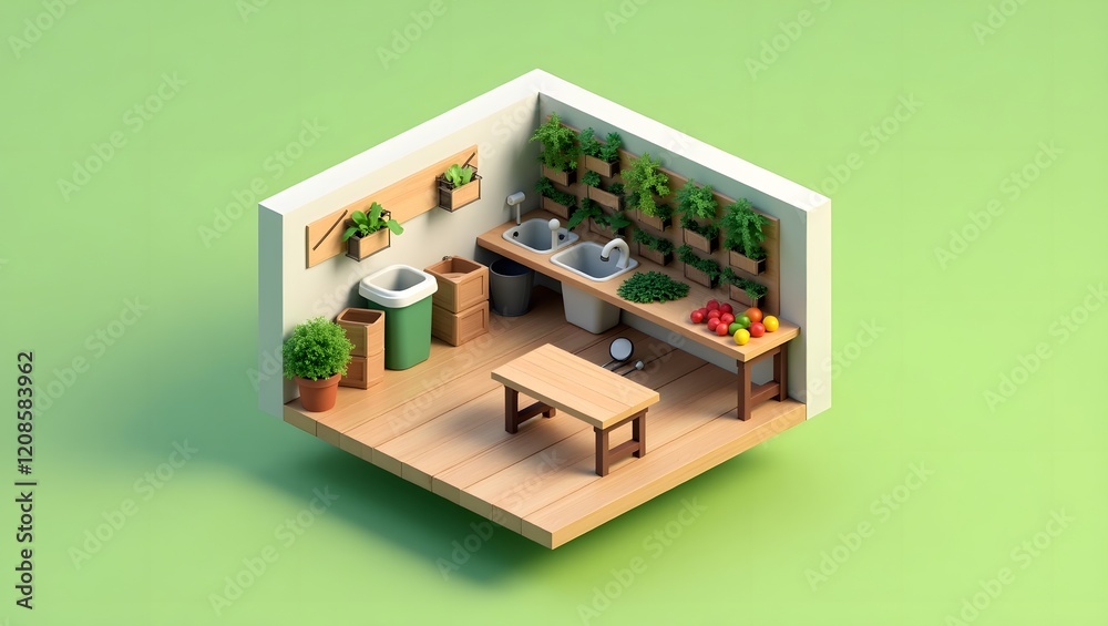 Isometric farm-to-table prep area, promoting healthy eating and sustainability, ideal for food blogs, educational content, and eco-conscious campaigns Isometric farm-to-table prep area, promoting healthy eating and sustainability, ideal for food blogs, educational content, and eco-conscious campaigns