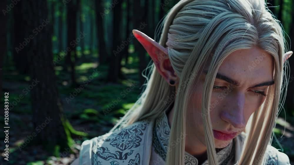 Mystical elven guardian standing with glowing green eyes in shadowy enchanted forest, embodying medieval fantasy character with intense, serene expression Mystical elven guardian standing with glowing green eyes in shadowy enchanted forest, embodying medieval fantasy character with intense, serene expression