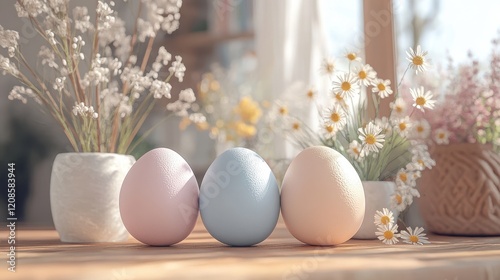 Pastel easter eggs still life with floral arrangement in sunlit room