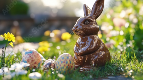 Ultra realistic easter scene with chocolate bunny and decorated eggs photo