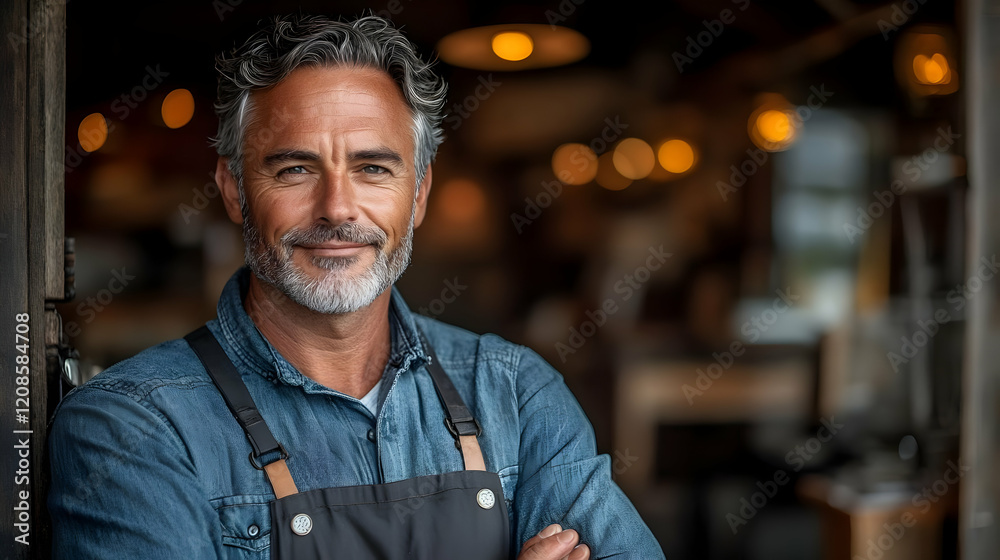 Obraz premium Confident mature man, small business owner, standing in his restaurant. Portrait photography of successful entrepreneur.