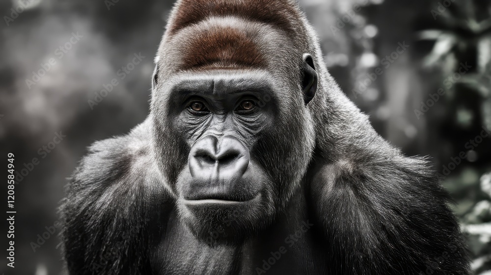 Obraz premium A majestic silverback gorilla gazes intently into the camera, showcasing its powerful physique and expressive face amidst a misty background.