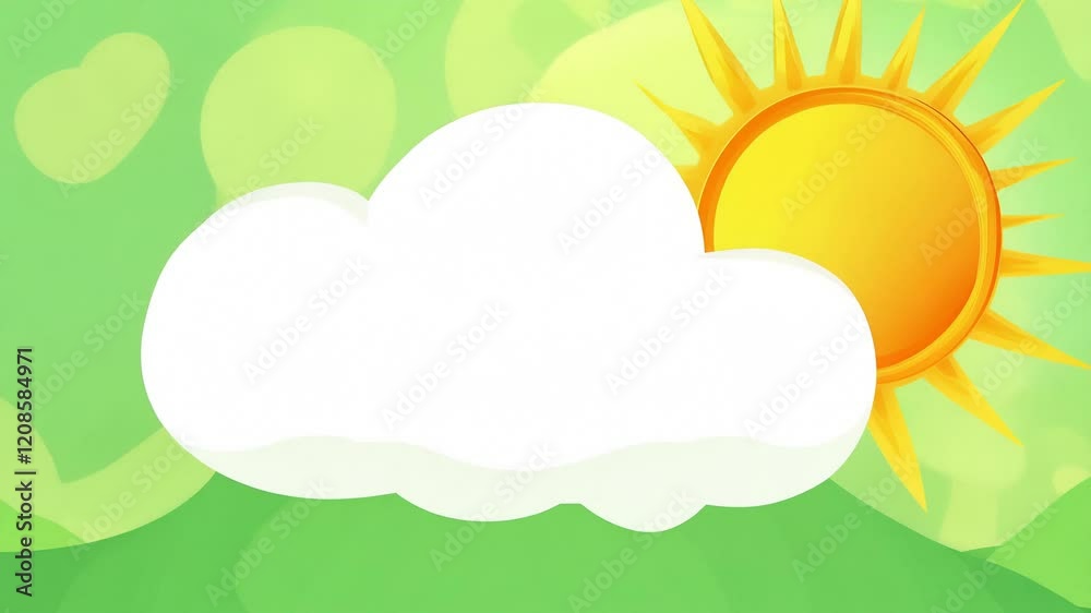 A bright animated sun partially hidden behind a fluffy white cloud against a vibrant green background, creating a cheerful weather-themed design.
A bright animated sun partially hidden behind a fluffy white cloud against a vibrant green background, creating a cheerful weather-themed design.
