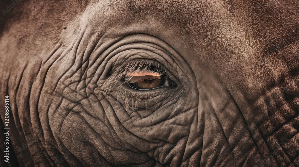 Close-up of a serene elephant's eye, showcasing intricate details and a captivating reflection of the surrounding landscape. Close-up of a serene elephant's eye, showcasing intricate details and a captivating reflection of the surrounding landscape.