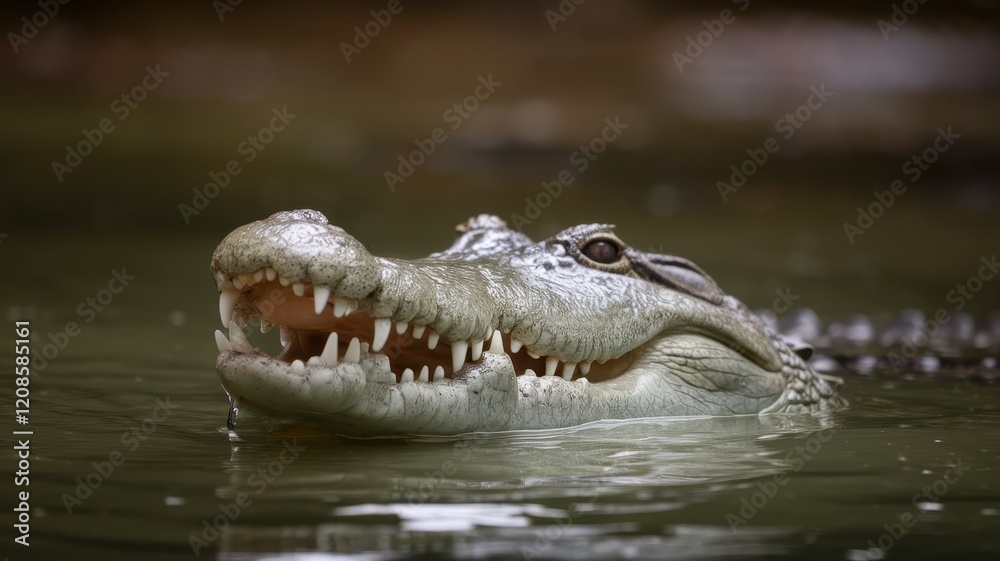 A menacing crocodile lurking in the water, showcasing its sharp teeth and rugged skin, surrounded by a serene green environment.