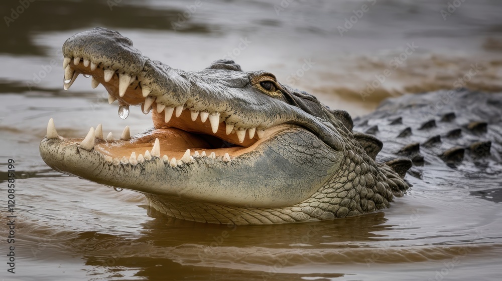 Fototapeta premium A close-up of a crocodile emerging from the water, showcasing its sharp teeth and distinctive scales, illuminated by soft natural light.