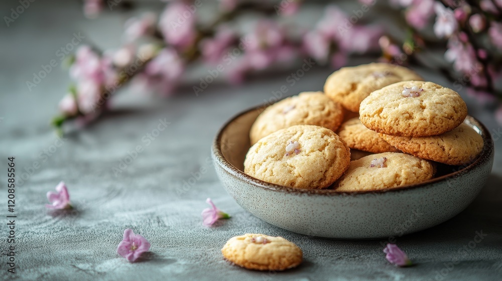 Stylish table setting with easter cookies and blossoms for festive decoration Stylish table setting with easter cookies and blossoms for festive decoration
